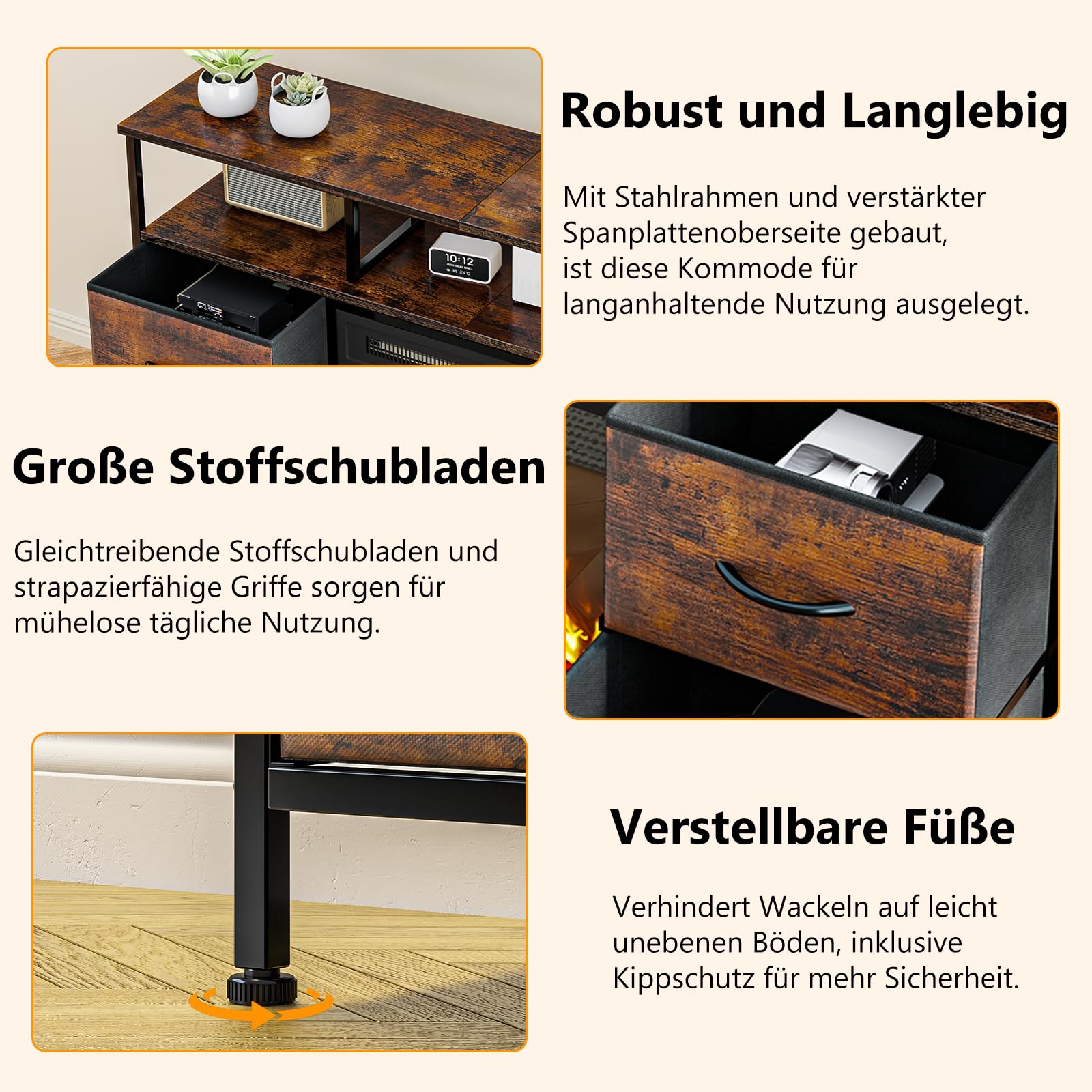 Waleaf TV Schrank, TV Lowboard mit 18 Zoll Elektrokamin, 3D Flammeneffekt & Heizung, LED Beleuchtung, 4 Stoffschubladen, Steckdosen & USB Buchse, Fernsehtisch für Fernseher bis zu 55 Zoll, Wohnzimmer