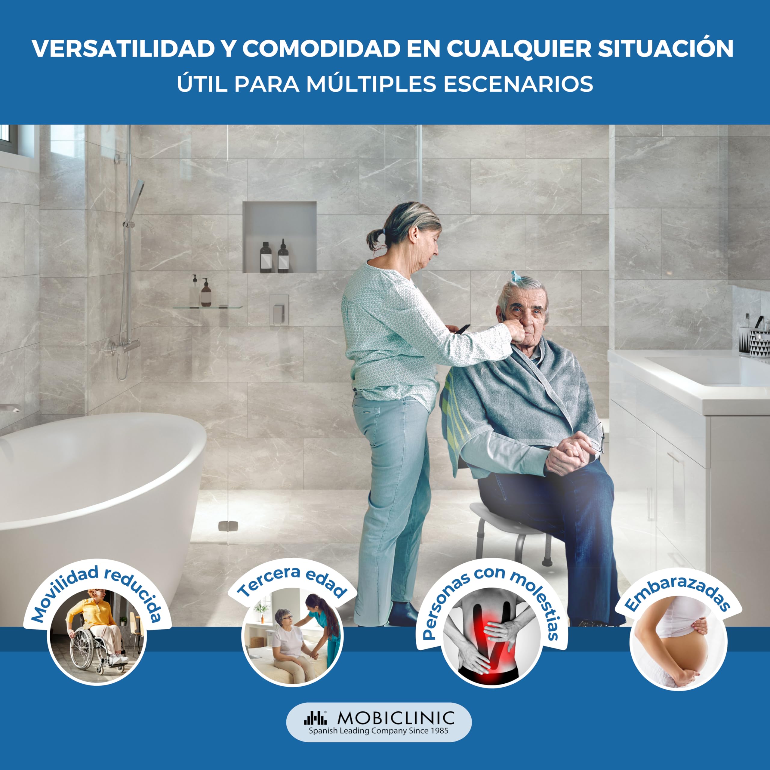 Mobiclinic®, Taburete Baño, Regulable en Altura, Bahía, Asiento en U, Conteras Antideslizantes, hasta 100 Kg, Aluminio, Blanco