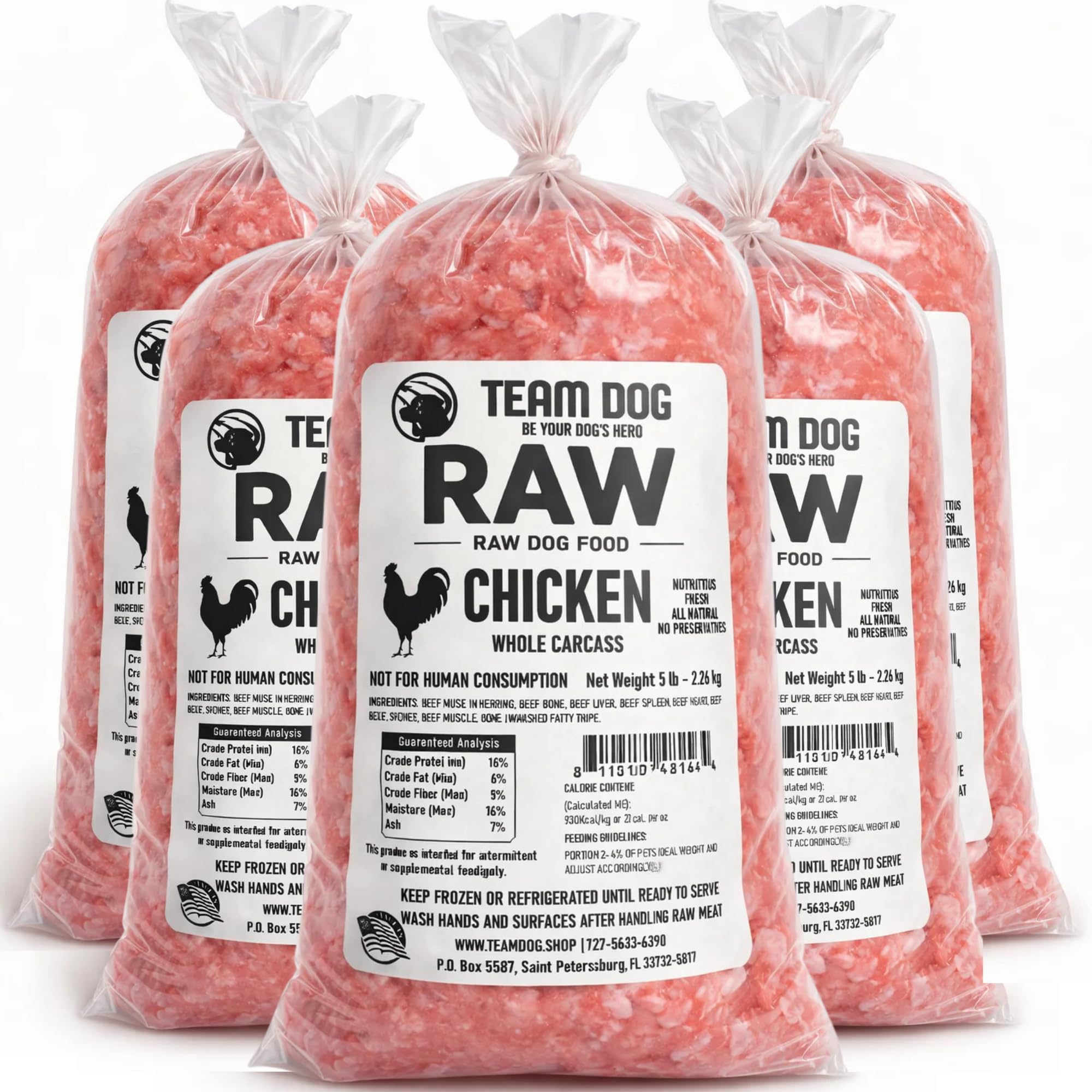 Team Dog Raw Chicken for Dogs | High Protein, Flash-Frozen, Bone-in Raw Dog Food, Adults 1+ | Whole Carcass (Ground &amp; Tubed) | USA Sourced &amp; Made, No Additives | 5 x 5lb Refrigerated Dog Food Roll