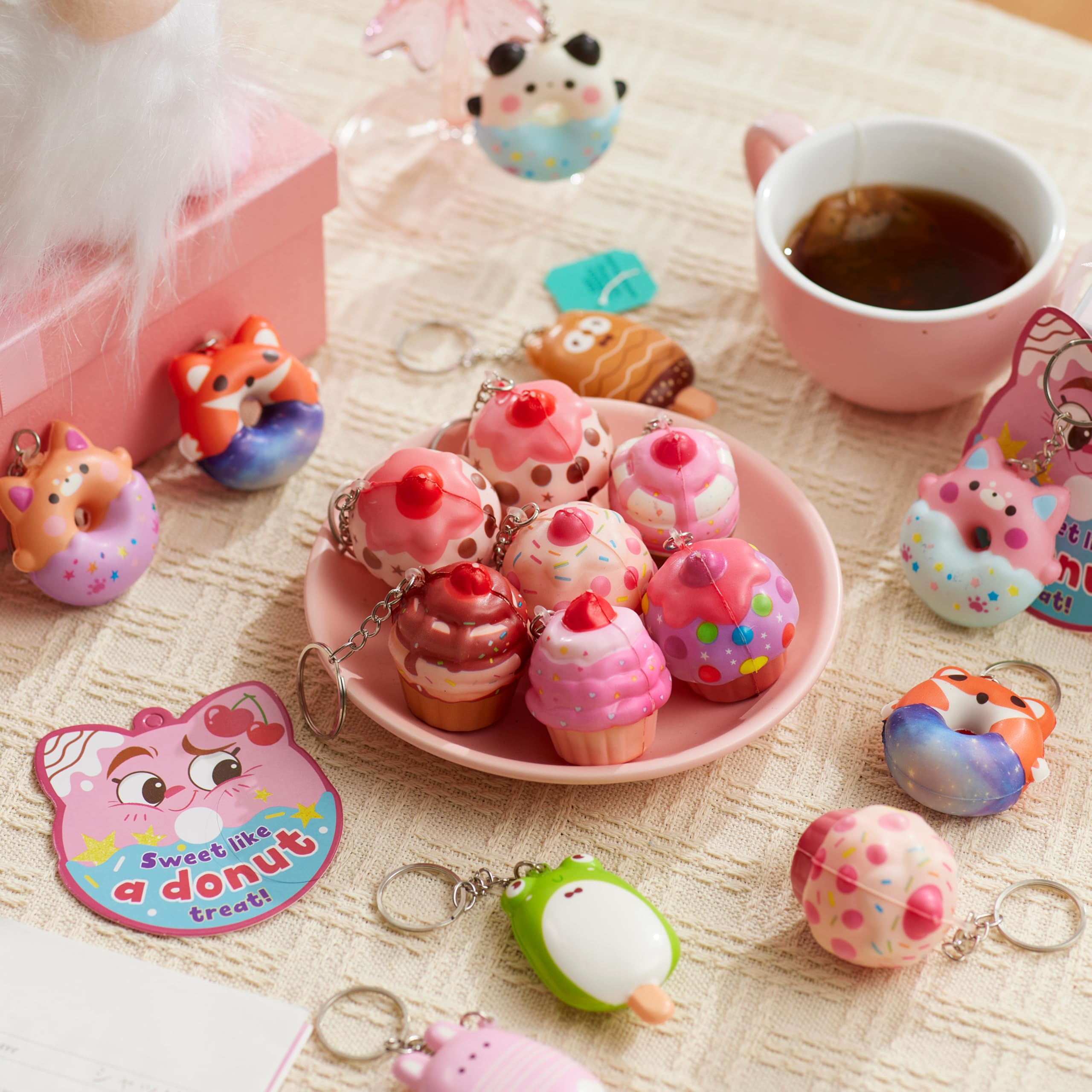 JOYIN 28 Packs Valentine Dessert squishy toys Stress Relief Keychains with Cards for Classroom Exchange Prizes, Fidget Toy Valentine’s Greeting Cards, Valentine Party Favors, Exchange Gifts: Cute