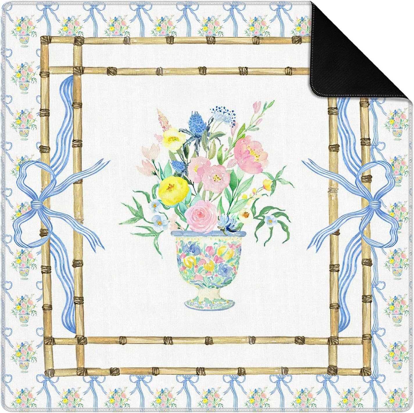 Preppy Blue Bow Floral Mahjong Mat for Table 31.5 x 31.5 in, Pink and Blue Botanical Flower Jar Non-Slip Noise Reduction Game Table Cover for American Mahjong Card Board Tile Games