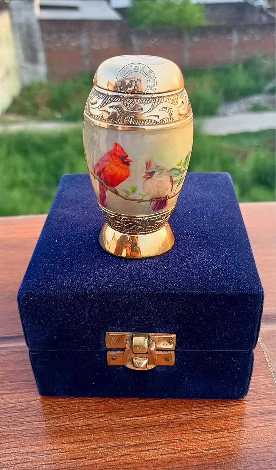 Brass Pretty Small Lovely Cardinal Couple Bird Keepsake Urn for Human Ashes with Blue Box Home Decor and Best Gifting Item for Your Relatives