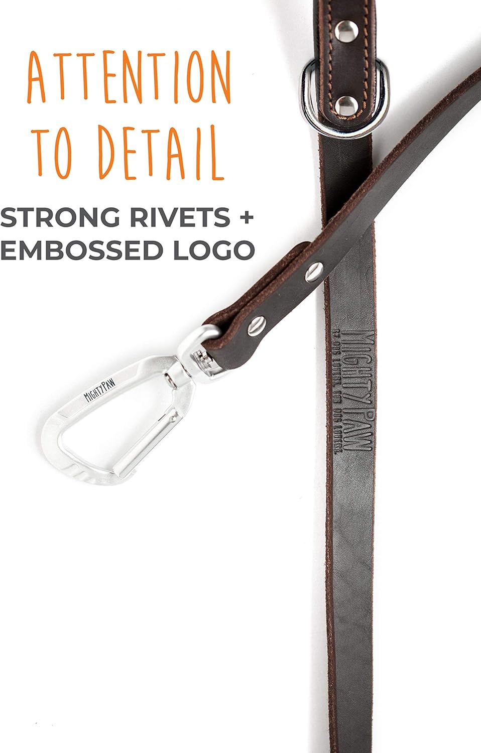 Mighty Paw Leather Dog Leash for Large Breeds - Soft Padded Handle - Extra D-Ring for Waste Bags - Strong Climbers Clip - 6 Ft Dog Leashes for Large Breeds - Leather Lead - Brown