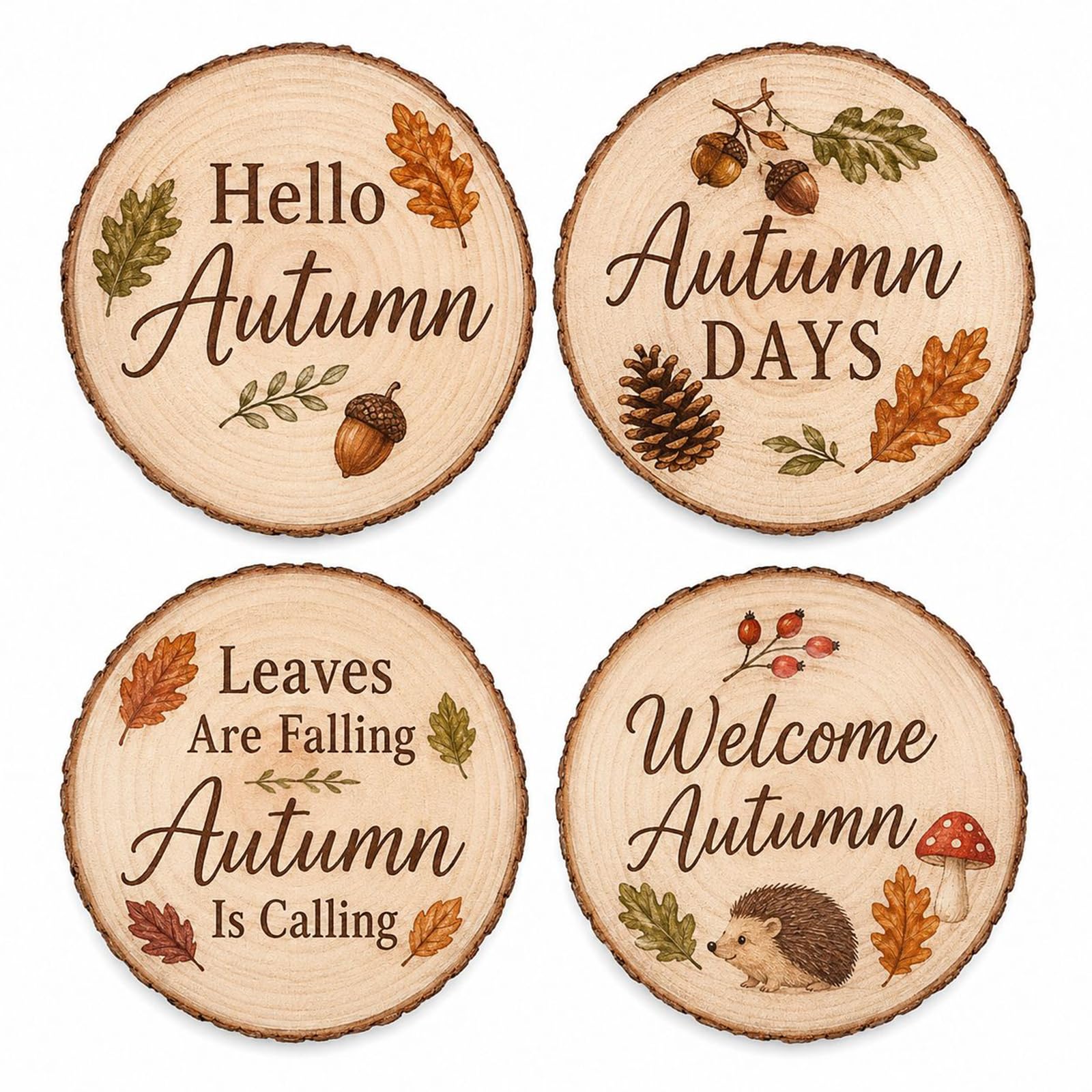 Autumn Decor For Tables, Set Of 4 Wooden Autumn Mug Coasters 10 X 10 Cm