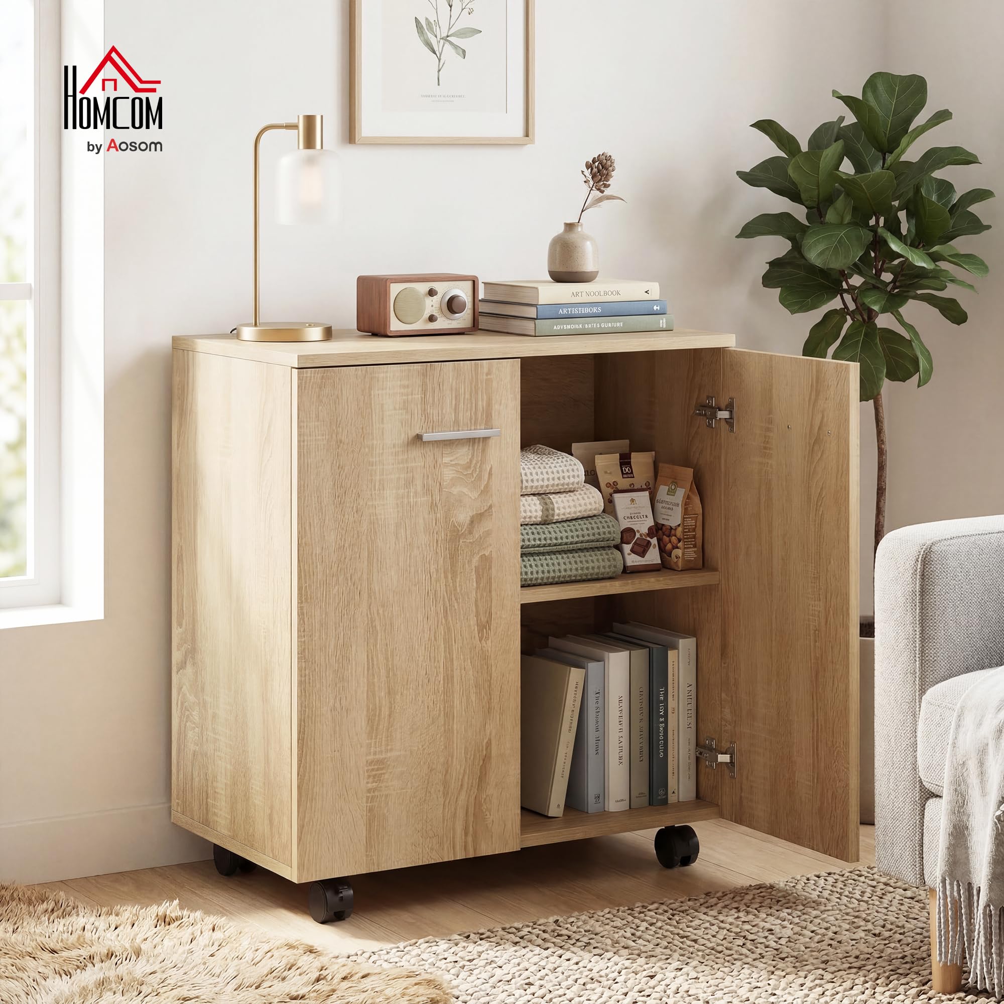 HOMCOM Aparador con Ruedas, Aparador de Salón con 2 Puertas y Estantes, para Sala de Estar, Dormitorio, Oficina, 60x35x65 cm, Natural