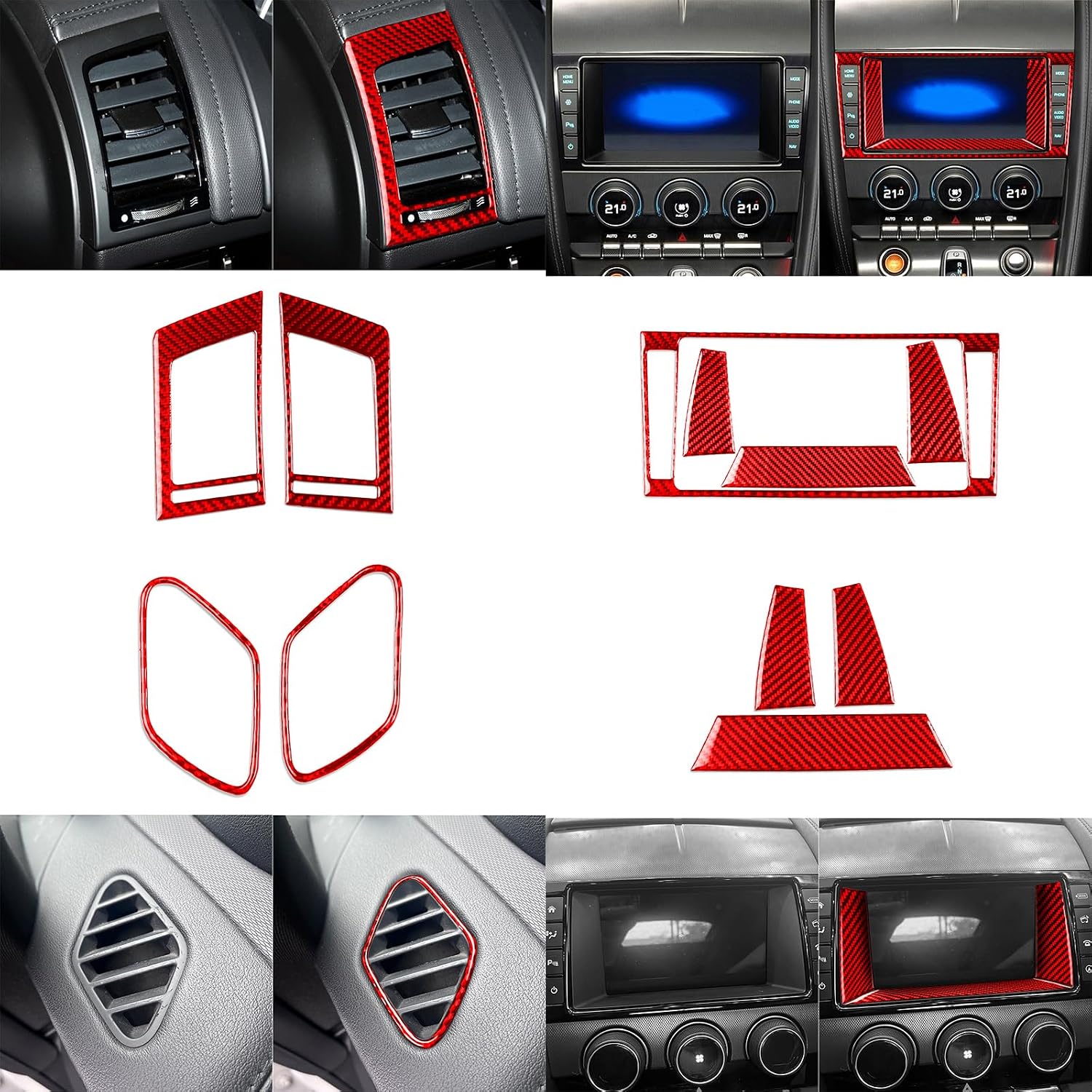 48PCS Real Carbon Fiber Interior/Exterior Accessories Sticker Compatible with Jaguar F-Type 2013 2014 2015 2016 2017 2018 2019 2020 2021 2022 2023 2024 Full Set Decor Kit Decal Trim Red