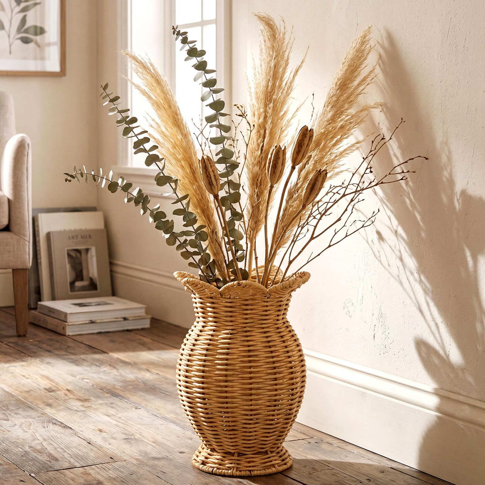 Wicker Vase for Dried Flowers 11.5" Scalloped Edge Rattan Vases | Fall Large Urn Woven Vase, Rustic Boho Modern Country Style Basket, for Tabletop Centerpiece F