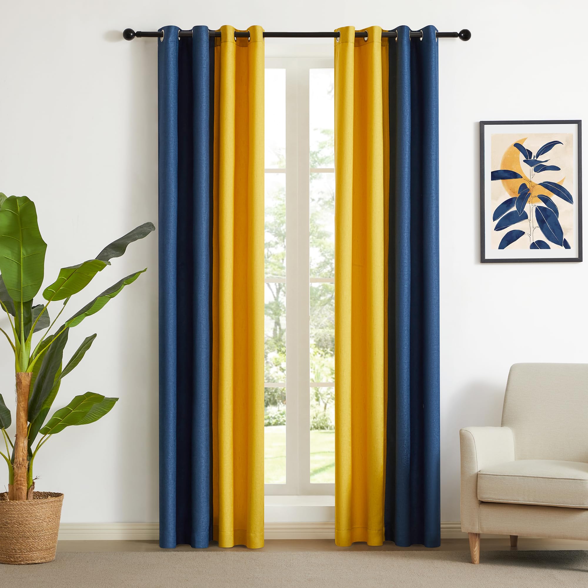 PRIMROSE Lot de 2 Rideaux occultants en Lin à Isolation Thermique avec œillets pour Salon, Chambre à Coucher, Bleu Marine, Jaune, 274,3 cm de Long