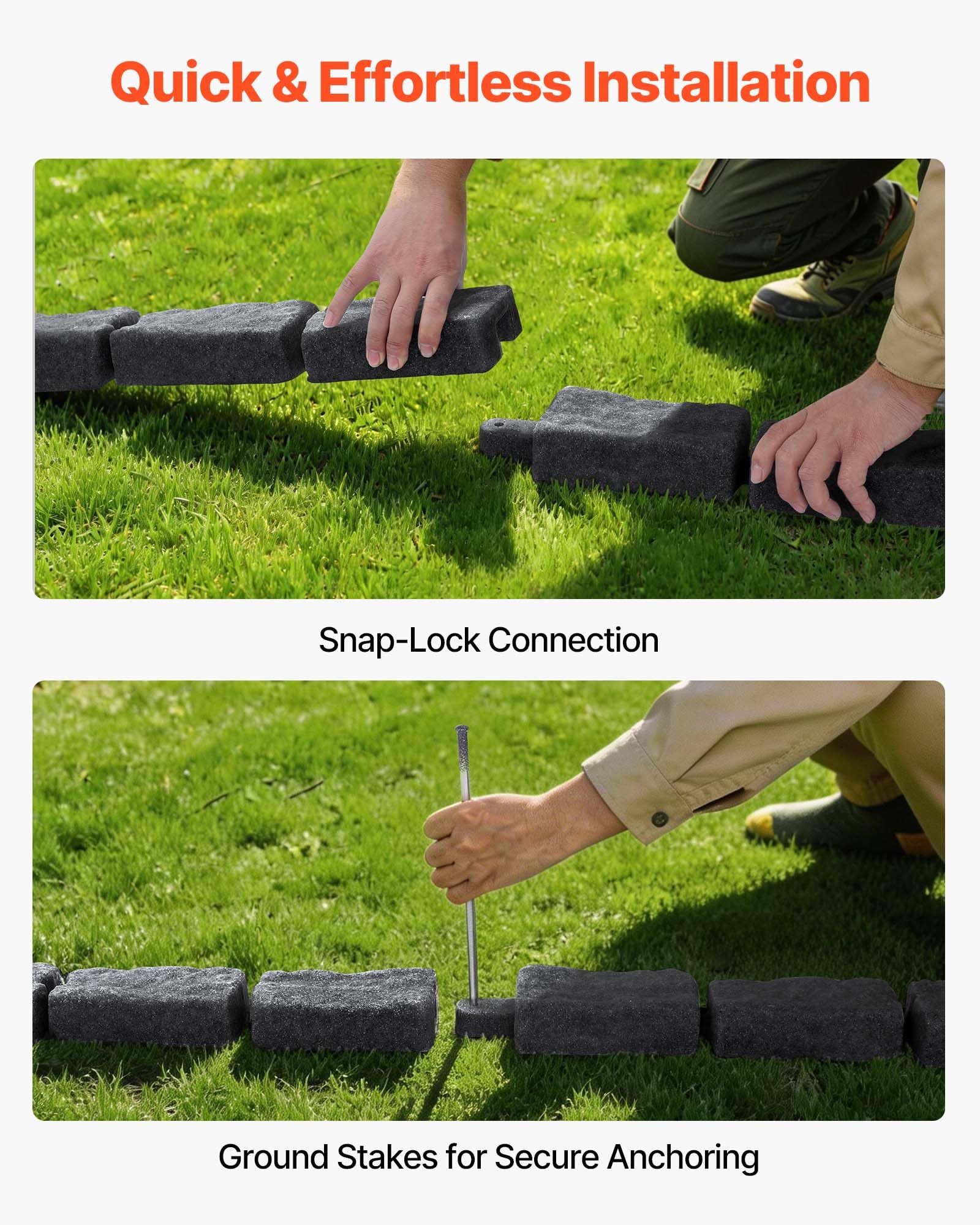 VEVOR Beeteinfassung in Steinoptik, 4,7 m, Beetumrandung ohne Graben, Rasenkante für Rasen, Blumenbeete & Garten, 4er-Pack (je 6 Steine ​​à 118x9,5x5,7 cm), 12 Befestigungsspitzen, Anthrazit