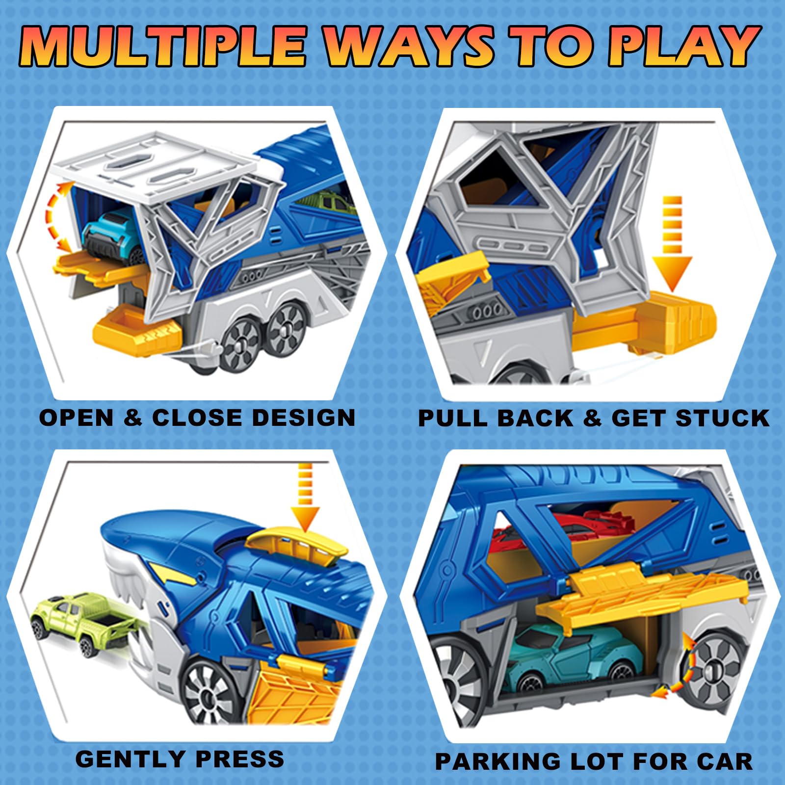 Juego de coches de carreras de tiburones con camión transportador, pista de bucle y lanzador – Vehículos de carreras a escala 6 x 1:64, juguetes STEM para niños de 3 a 12 años, montaje 7