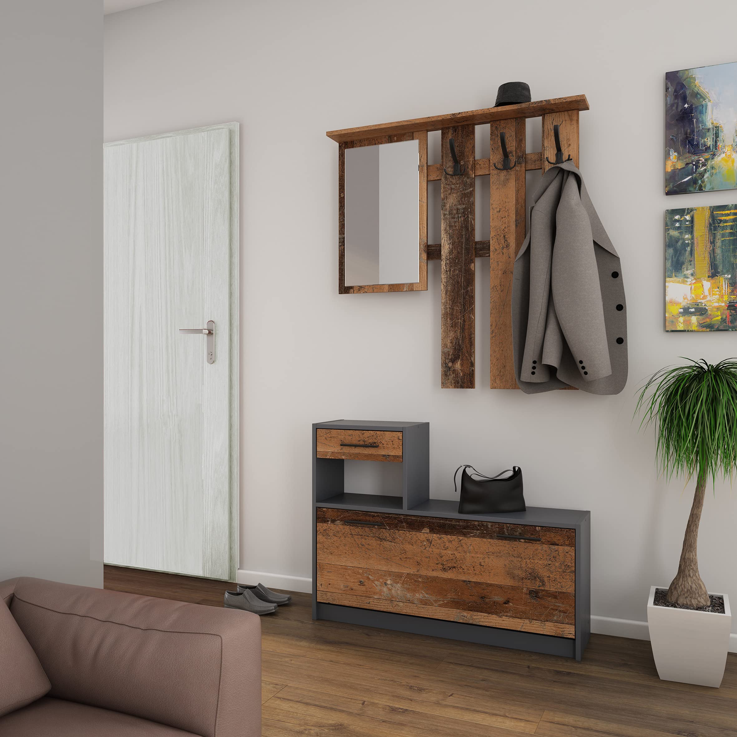 byLIVING Garderoben-Set Tamina/Kommode mit Schuhschrank + hängende Garderobe mit Spiegel/anthrazit Flur-Schrank/Schränke/Regal Braun-Old Style B 97, H 190, T 25 cm