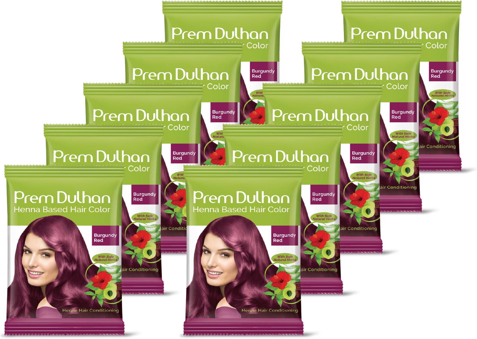 Prem Dulhan Henna Hair Color for Vibrant & Long-Lasting Results Burgundy Red Shade Ammonia-Free & PPD-Free Coloring, Sachets (Burgundy Red 15g/0.52 Ounce (Pack of 10))