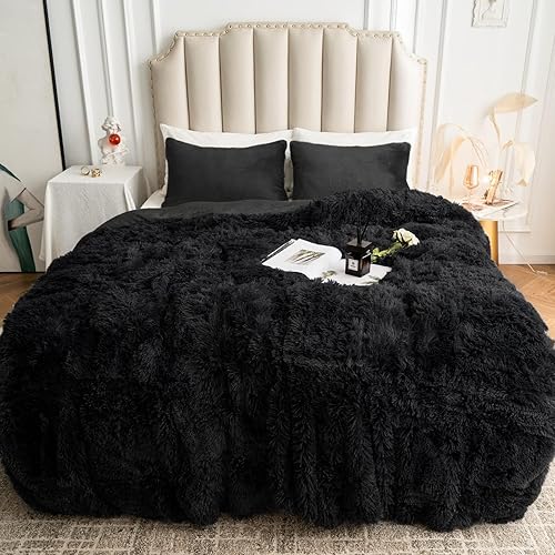 Miniatura 1 de CHOSHOME Juego de funda de edredón de felpa lanuda tamaño Queen, 3 piezas de edredón esponjoso de franela (1 funda de edredón de piel sintética + 2