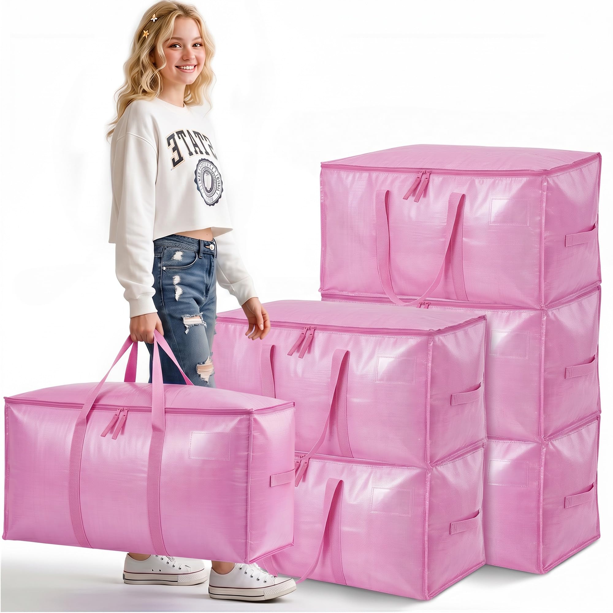 Time Forest Heavy Duty Moving Bags, Oversized Storage Bags, 6 Pack, Pink