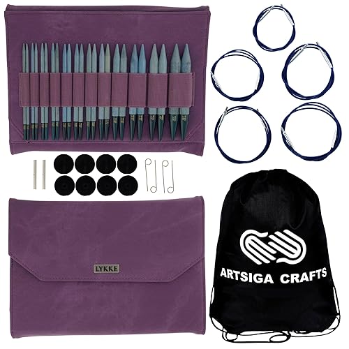 Lykke Indigo 5 in. Complete Set US 4, 5, 6, 7, 8, 9, 10, 10.5, 11, 13, 15, 17 Interchangeable Circ. Knitting Needles for DK, Worsted, Super Chunky Yarn, Birch, 5 Cords, Violet DM Case, Project Bag - Indigo-with-Violate-Case