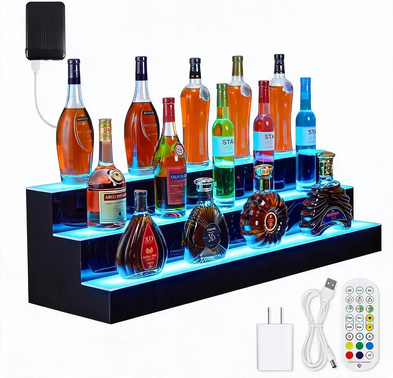 LED Liquor Display Shelf, 16-Color RGB Bar Rack with Remote & App Control