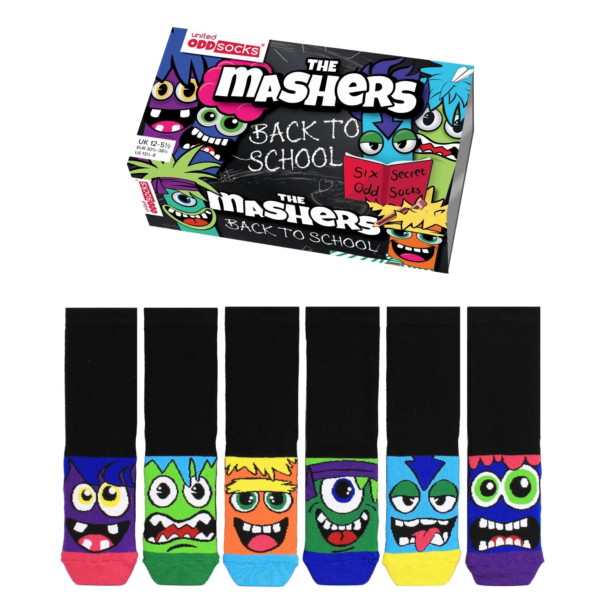 United Oddsocks Mashers Back to School Gift Box – 6 Mismatched Secret Socks – Plain Black on Top, Wacky Underneath – 15 Combos – UK 12–5.5, US 13.5–8, EU 30.5–38.5 – Cotton Rich Fun for Kids