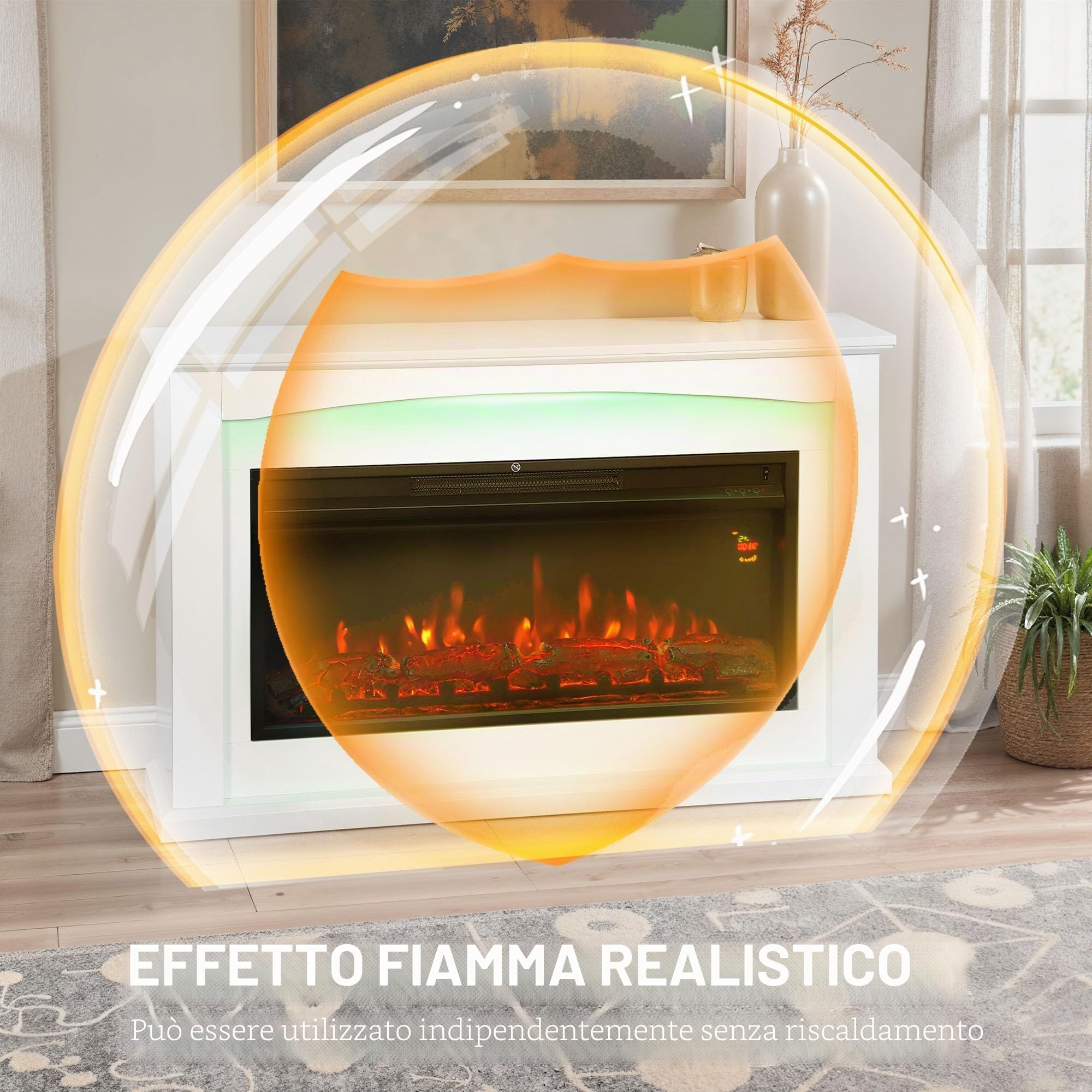 HOMCOM Caminetto elettrico 1000W/2000W, effetto fiamma con 5 luminosità regolabili, finto caminetto decorativo con mantello, termostato regolabile, telecomando, timer, fino a 30 m², bianco