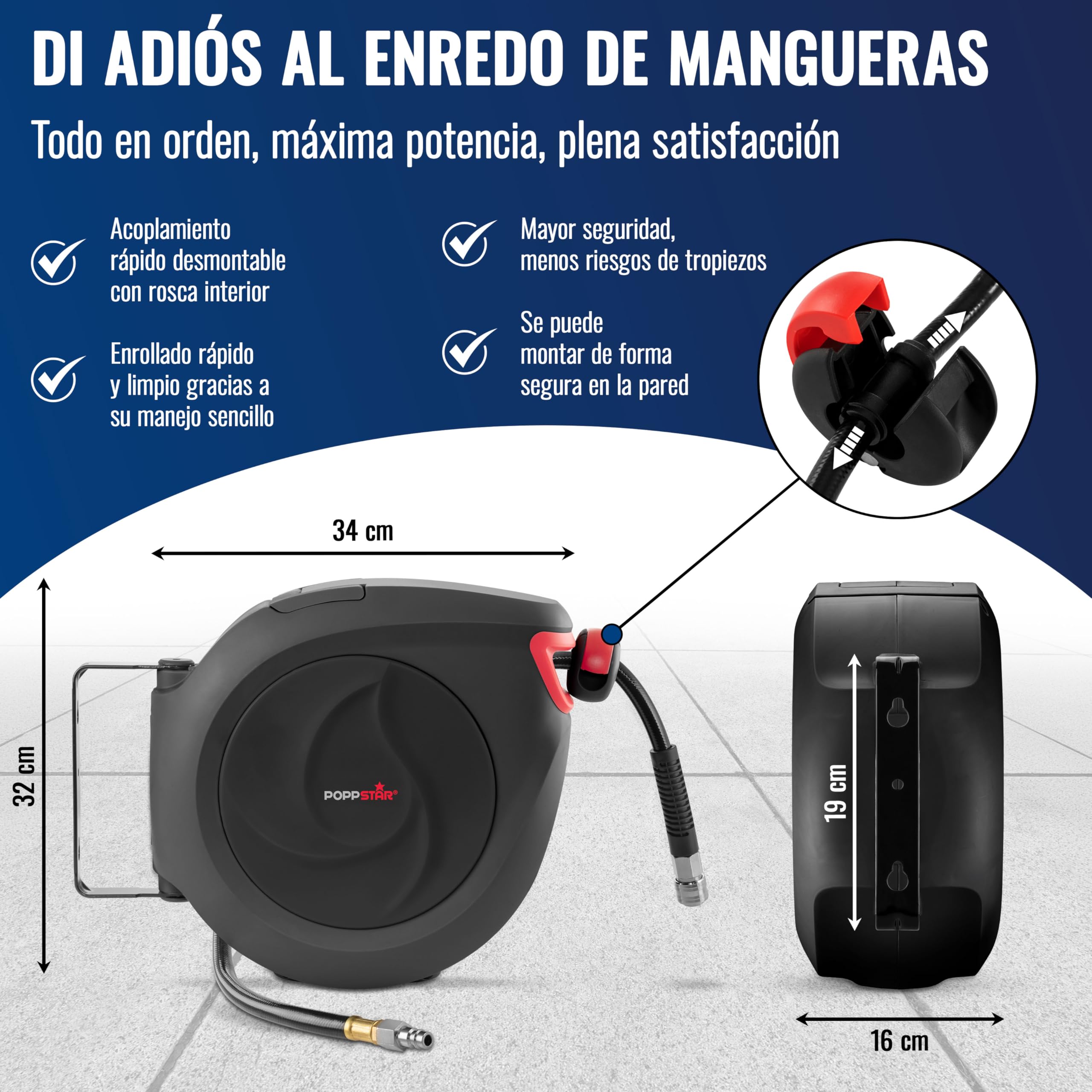 Poppstar Enrollador de manguera de aire comprimido (manguera: 15m + 1m, diámetro interno de 3/8" (9,5x15mm), 1/4" BSPT), mecanismo de enrollado para manguera de aire comprimido