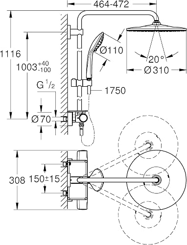 GROHE Vitalio Joy 310 - Cool Touch Thermostatic Mixer Shower Set (Water Saving Technology, Rain, Soap Tray, 110 mm 3 Spray Hand, Silicone Nozzles, Hose 1.75 m), Chrome, 26401001 - 8