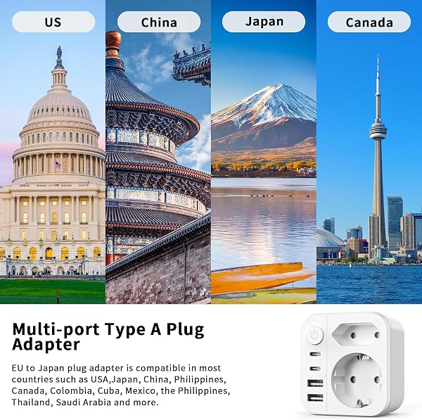 6 en 1 Adaptateur Prise Japon, 2500W Adaptateur de Voyage Japon avec 2 USB C et 2 USB A,Connecteur Schuko vers Type A pour USA, Chine,Canada,Thaïlande - 4