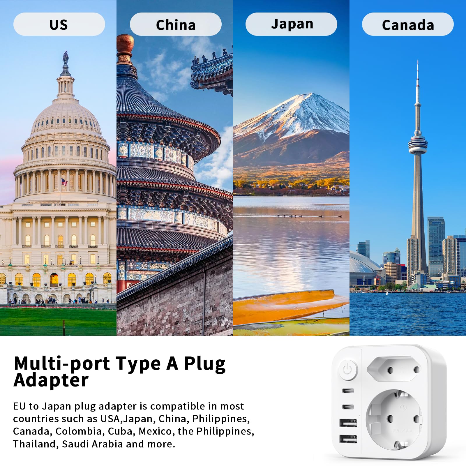 Adaptateur Prise Japon 6 en 1, 2500W Voyage avec 2 USB C et 2 USB A, Schuko vers Type A USA Chine Canada Thaïlande