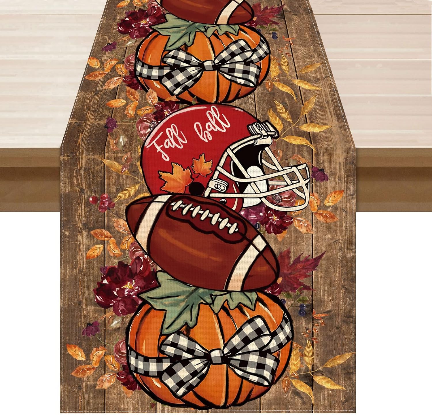 XCHI Fall Football Helmet Pumpkin Table Runner for Home Decoration 13x90In | Autumn Wood Thanksgiving itchen Kitchen Dining Dinner Table Decor