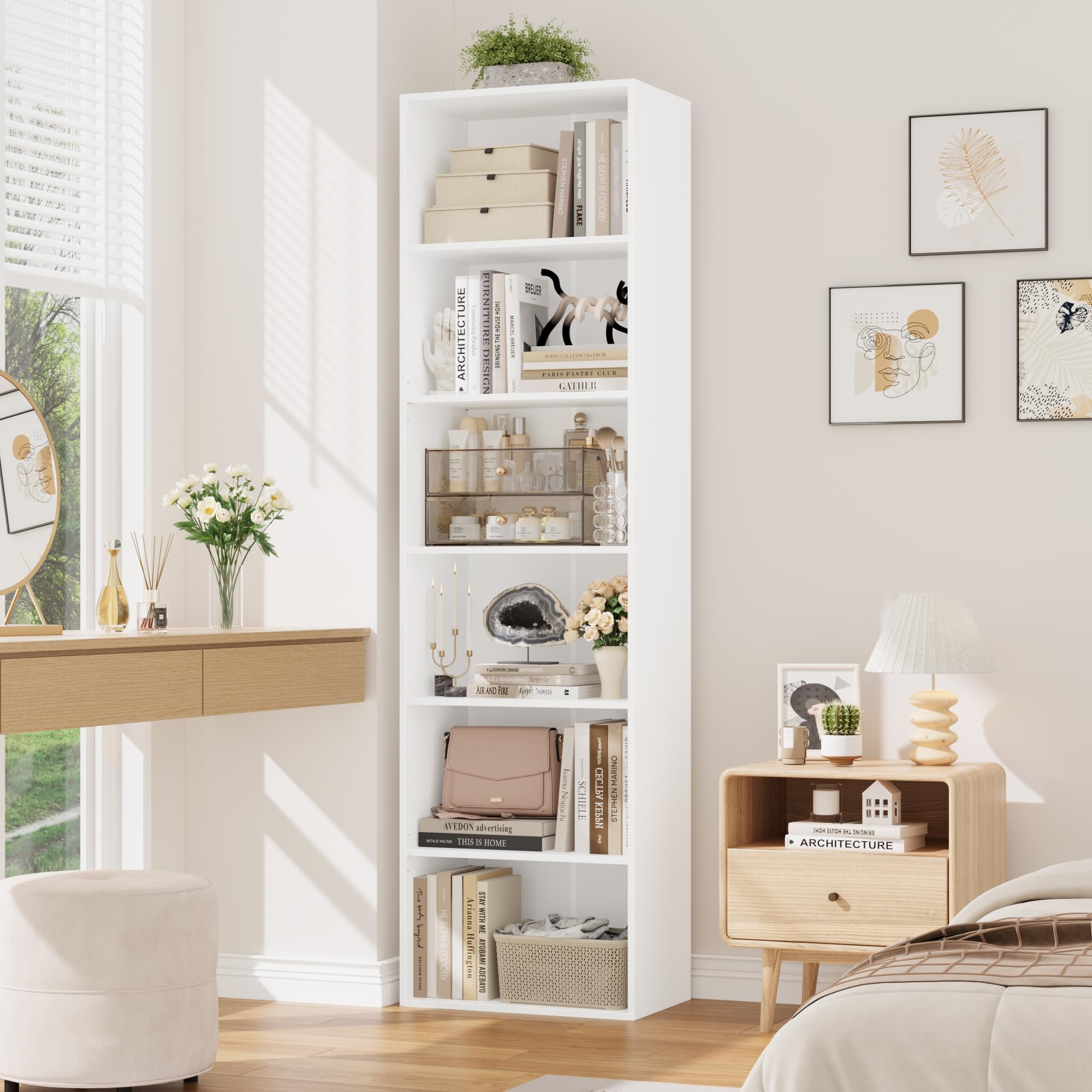 FirFurd Estantería Libros Sinfonier Alto Librería Madera, 6 Compartimentos | Librería Estantería, Biblioteca, Estanterias Almacenaje, Estrecha y Alta, para Salón Oficina Dormitorio Blanco 48x30x191Al.cm