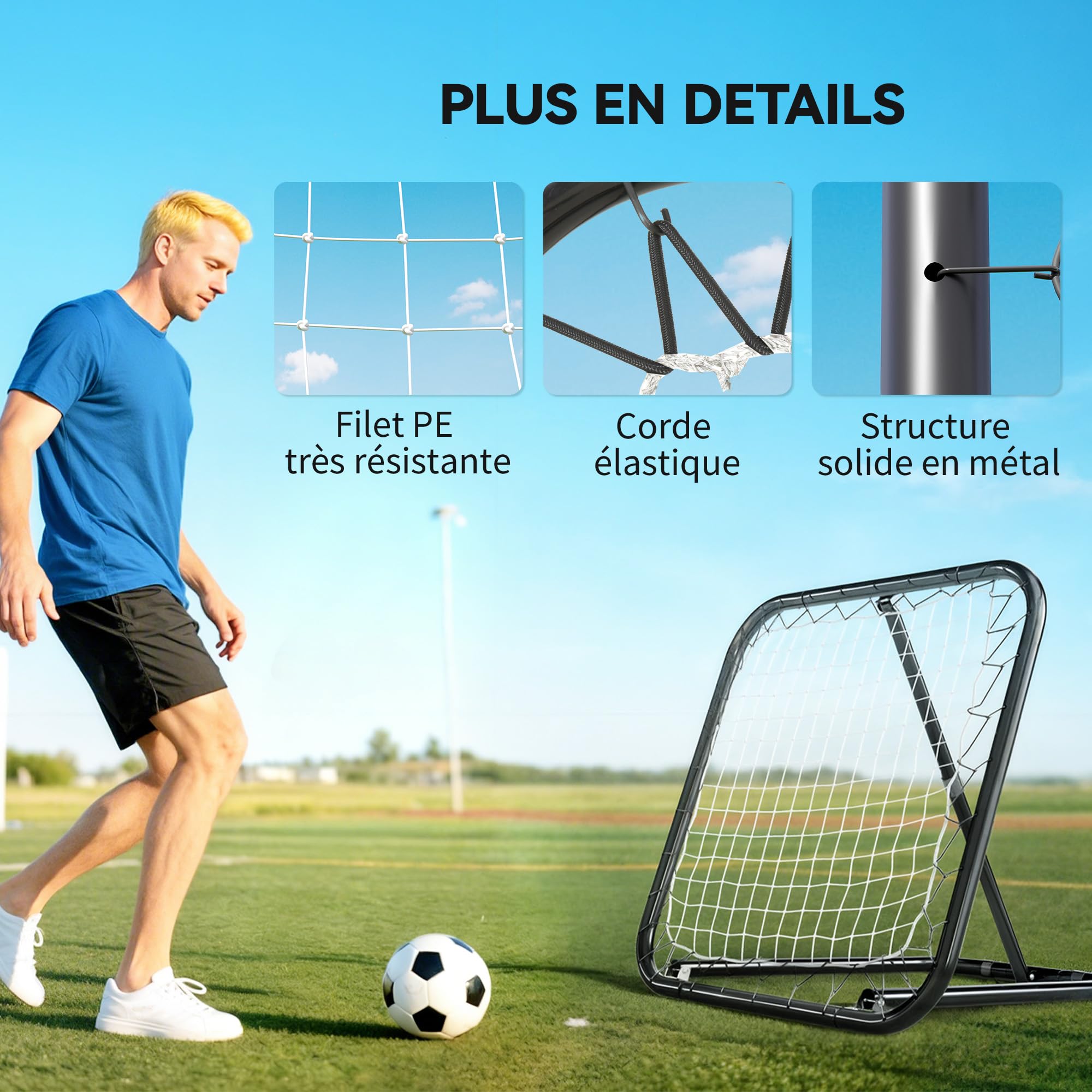 HOMCOM Filet de Rebond de Football Ajustable Pliable Portable 78 x 84 x 78 cm Noir Blanc