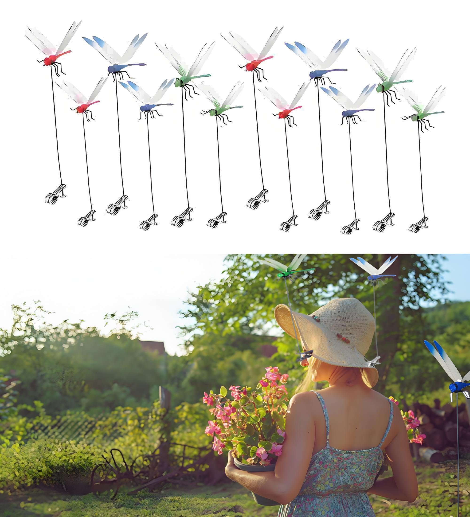 12 Pack Dragonfly Clip,2026 New Fly Deterrent,3D Dragonfly Garden Stakes Decor,Dragonfly Humming Bird Stakes,Deer and Horse,Bird and Fly Scare Devices for Indoor Outdoor Garden