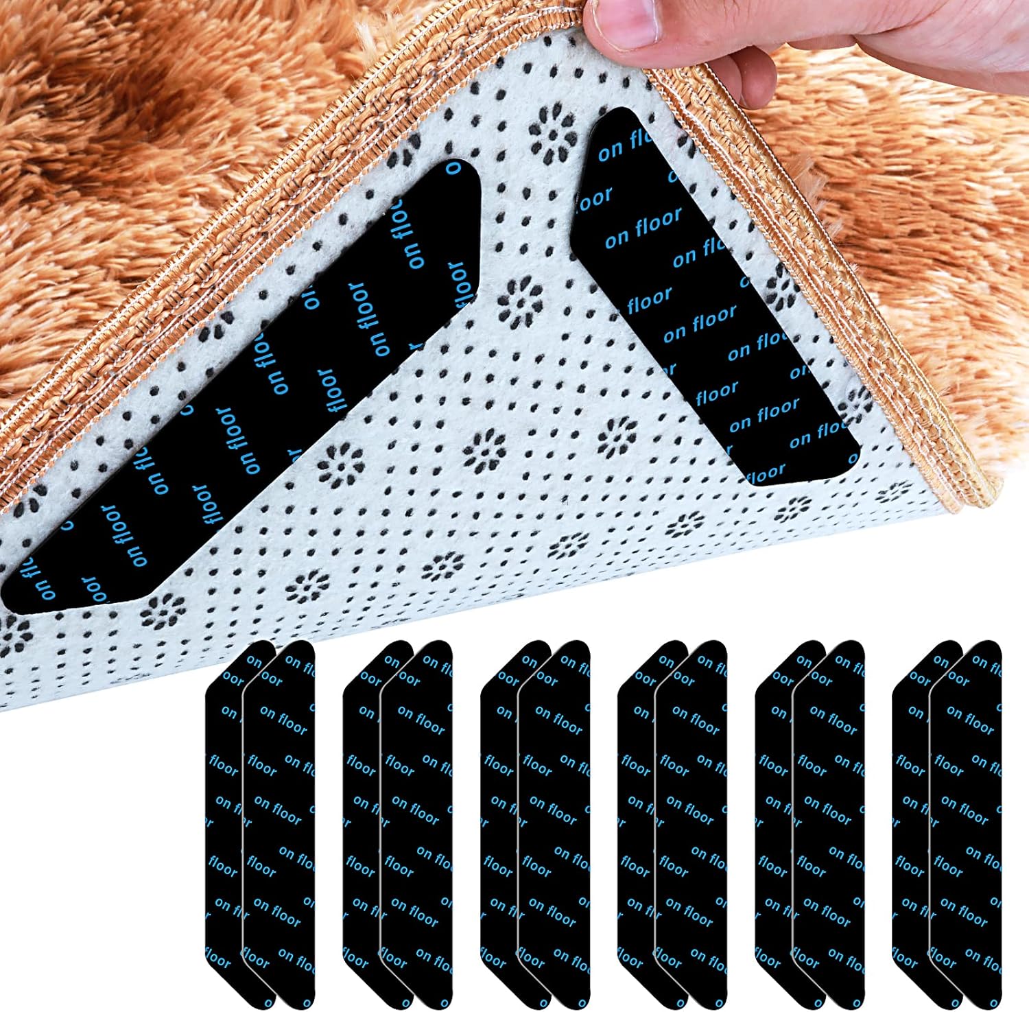 TIESOME Anti slip Rug Grippers, 12 Pieces Reusable Carpet NonSlipTape Washable Rug Pads Rug