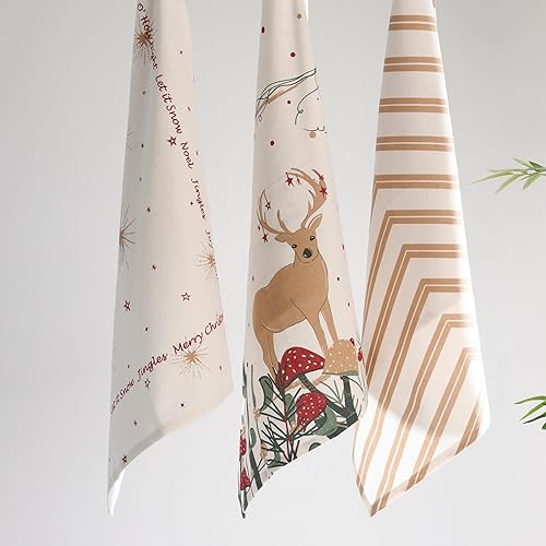 Vista 6 de Folkulture Juego de 3 paños de cocina de Navidad con lazo para colgar, 100% algodón para decoración navideña, estilo granja, 20 x 26 pulgadas