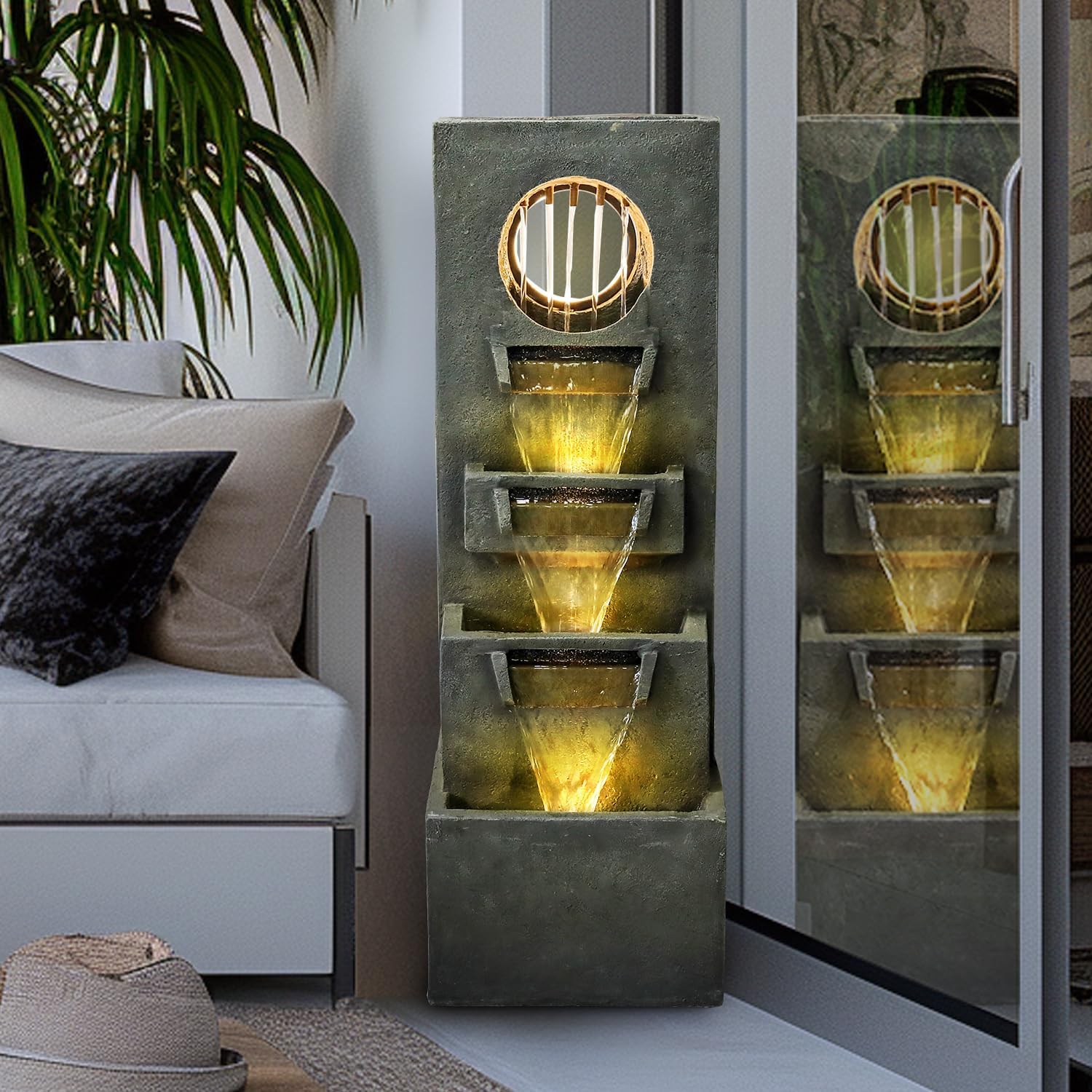 watnature 39.3”H Modern Outdoor Waterfall Fountain - Tall Indoor Relaxing Floor Fountain Outdoor with Light&Pump, Contemporary 4-Tier Outdoor Fountains and Indoor Waterfalls for House, Office, Garden