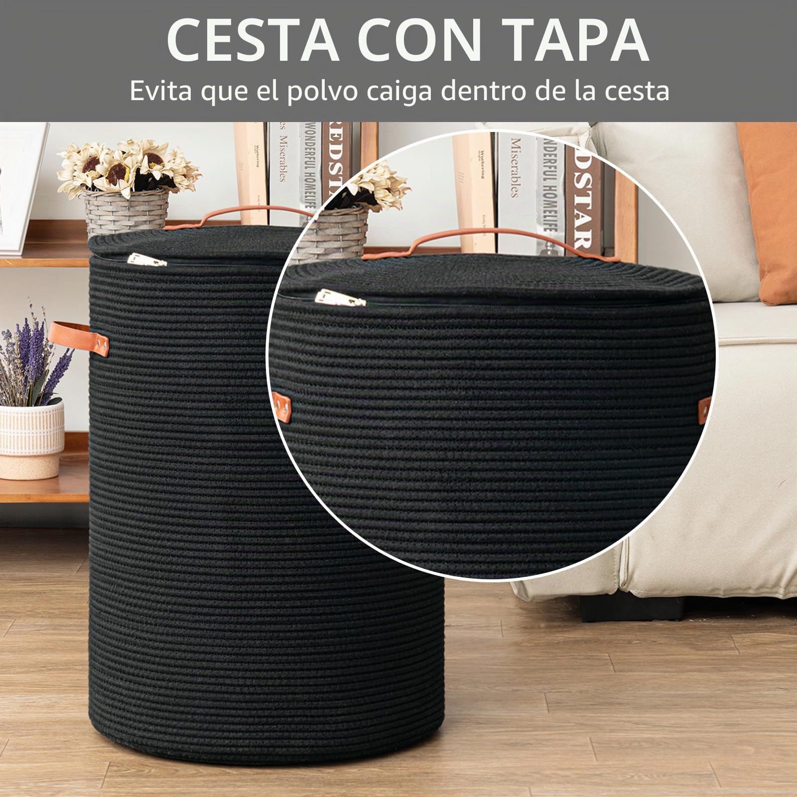 CHICVITA Cesto alto para la colada con tapa, cesta grande para la colada para ropa, mantas, juguetes, cesta decorativa tejida para dormitorio, sala de estar, 38,1 x 50,8 cm, negro