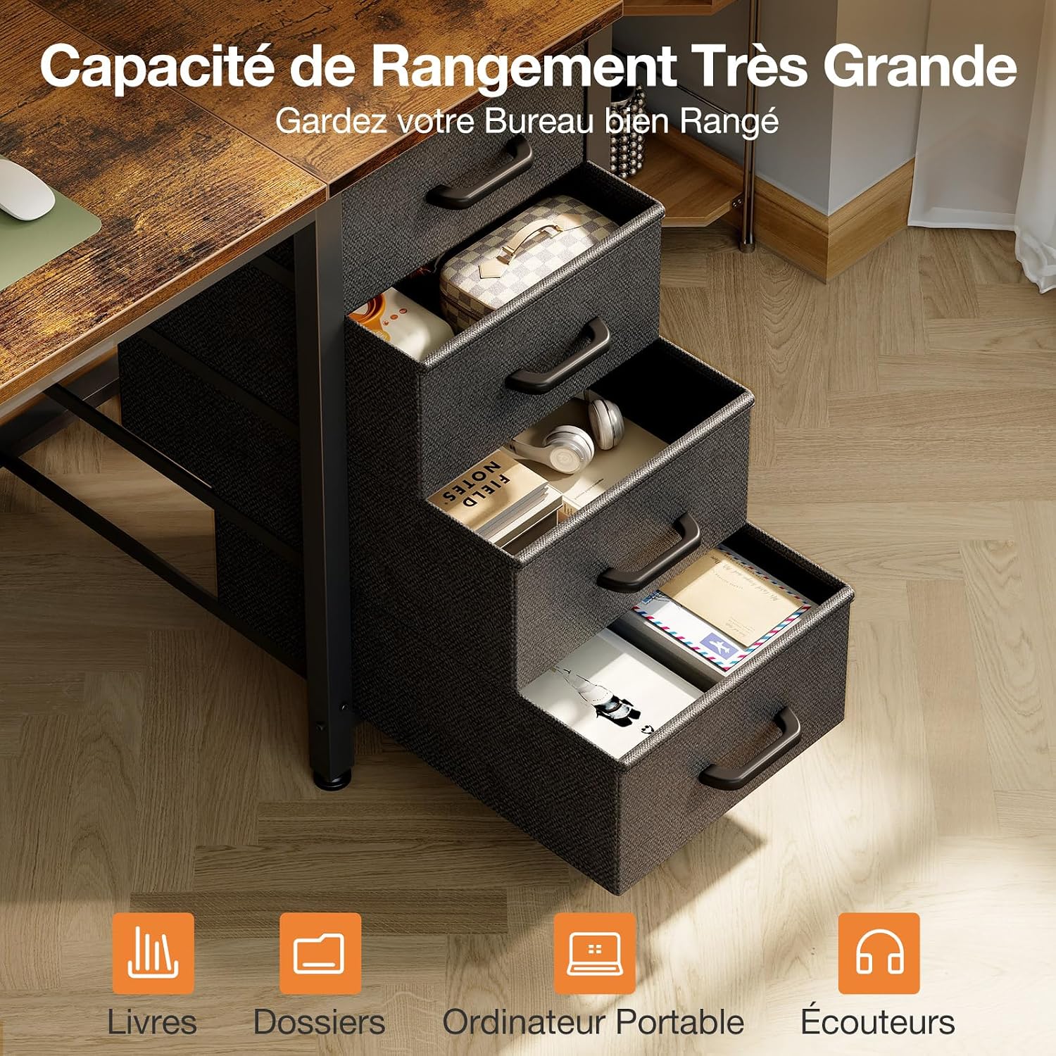 ODK Desk with items on top and drawers open, showing storage capacity