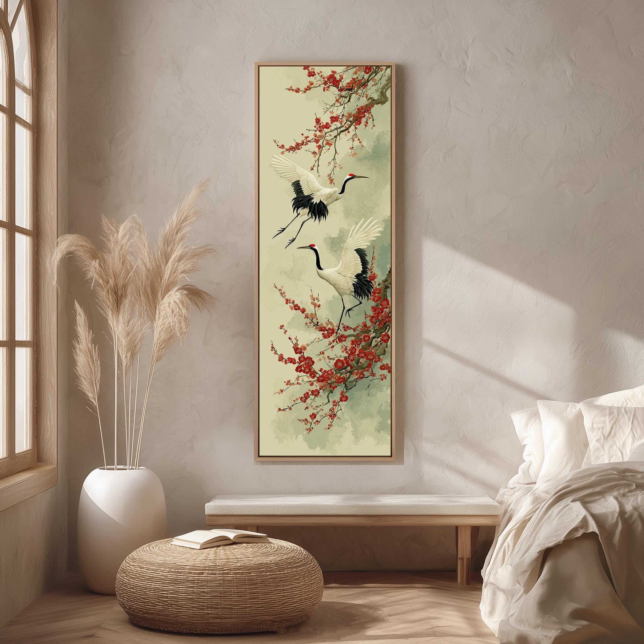 Xbtykpb Internal Frame Bird Ink Wash Art, Vertical Bird Canvas, Tall Narrow Red Blossom Print, Long Skinny Decor, Traditional Sumi-E Painting(35X105cm/Inner Frame)