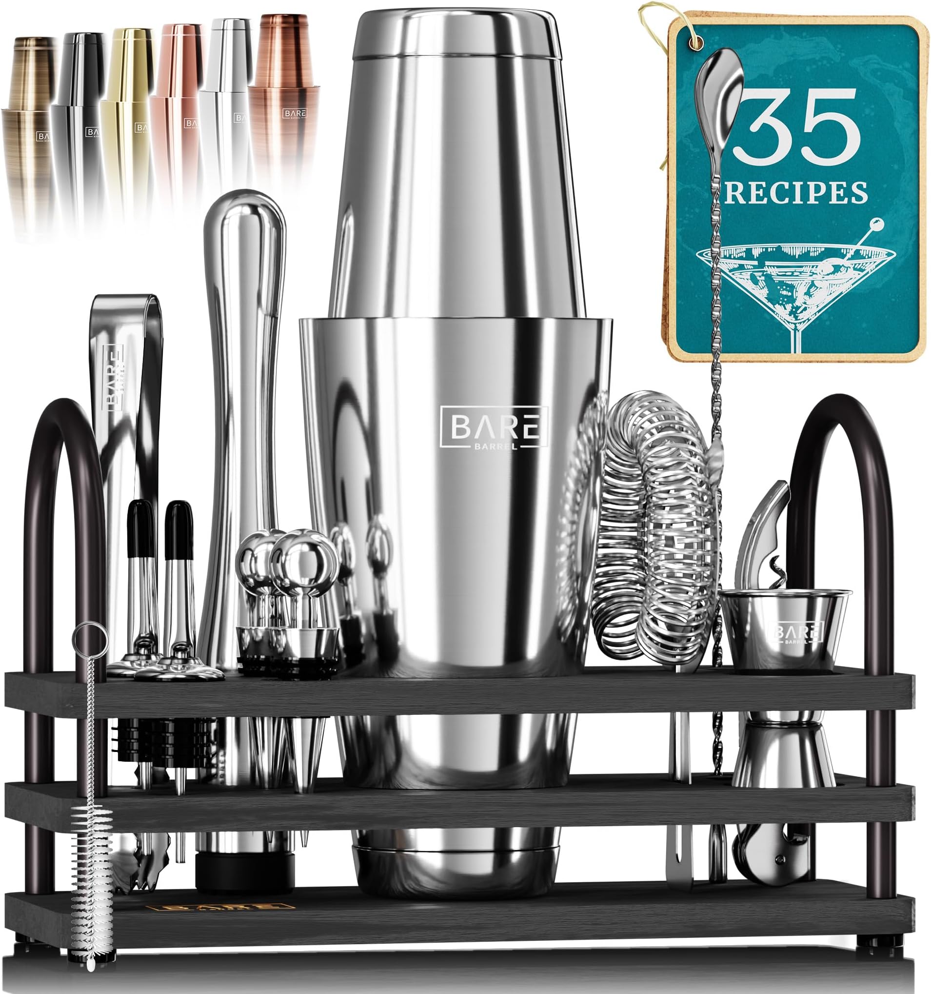 BARE BARREL® Cocktail Making Kit | 14-Piece Bartender Kit Cocktail Shaker Set Maker | Display Stand & 35 Recipe Cards | Mixology Cocktail Gift Set (800ml/28oz Boston Shaker, Silver/Black)