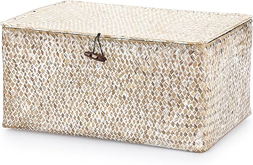 Vista 109 de Hipiwe Cestas de mimbre con tapa, cesta de pastos marinos tejida a mano, cestas rectangulares para el hogar, cajas para estantes, armario, Café