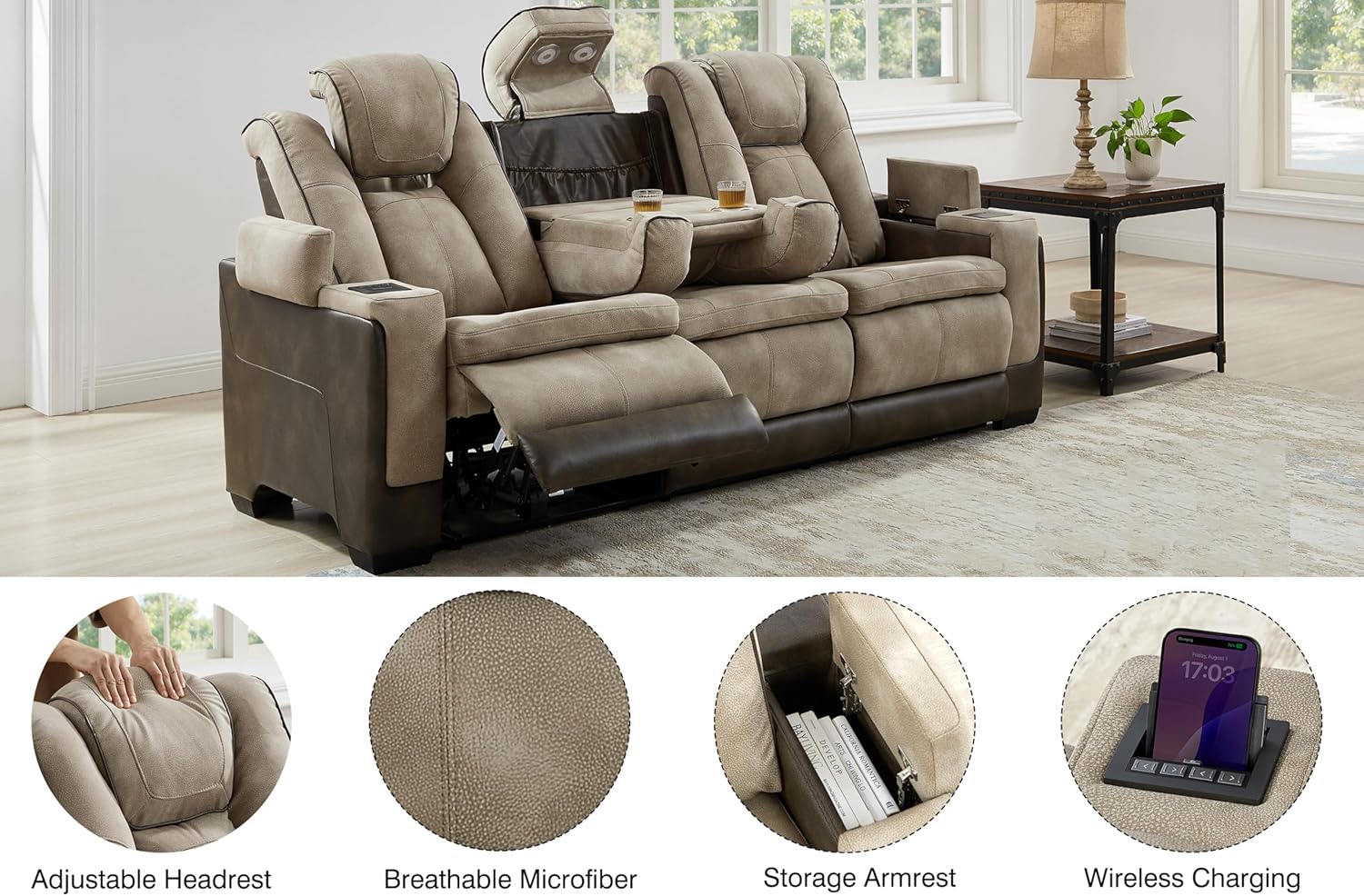 THSUPER Power Microfiber Reclining Sofa, Home Theater Seating Recliner Couch with Adjustable Headrest/Reading Light/USB Port/Storage Armrest/Drop Down Table for Living Room (Brown)