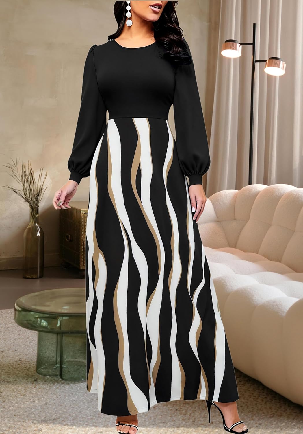 Maxi Dresses for Women Church Puff Long Sleeve High Waist Loose Long Dresses with Pockets - Image 3