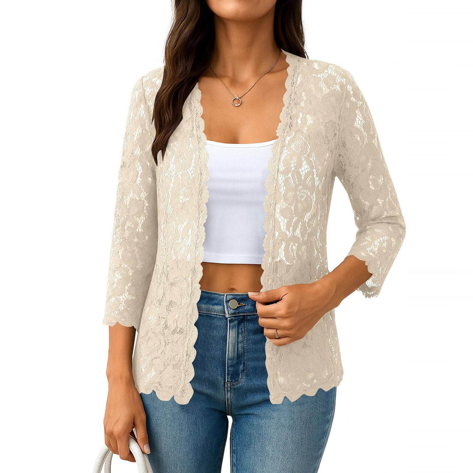 Womens Lace Cardigan 3 4 Sleeve Open Front Crochet Sheer Shrugs Floral Hollow Dressy Casual Plus Size Coverups