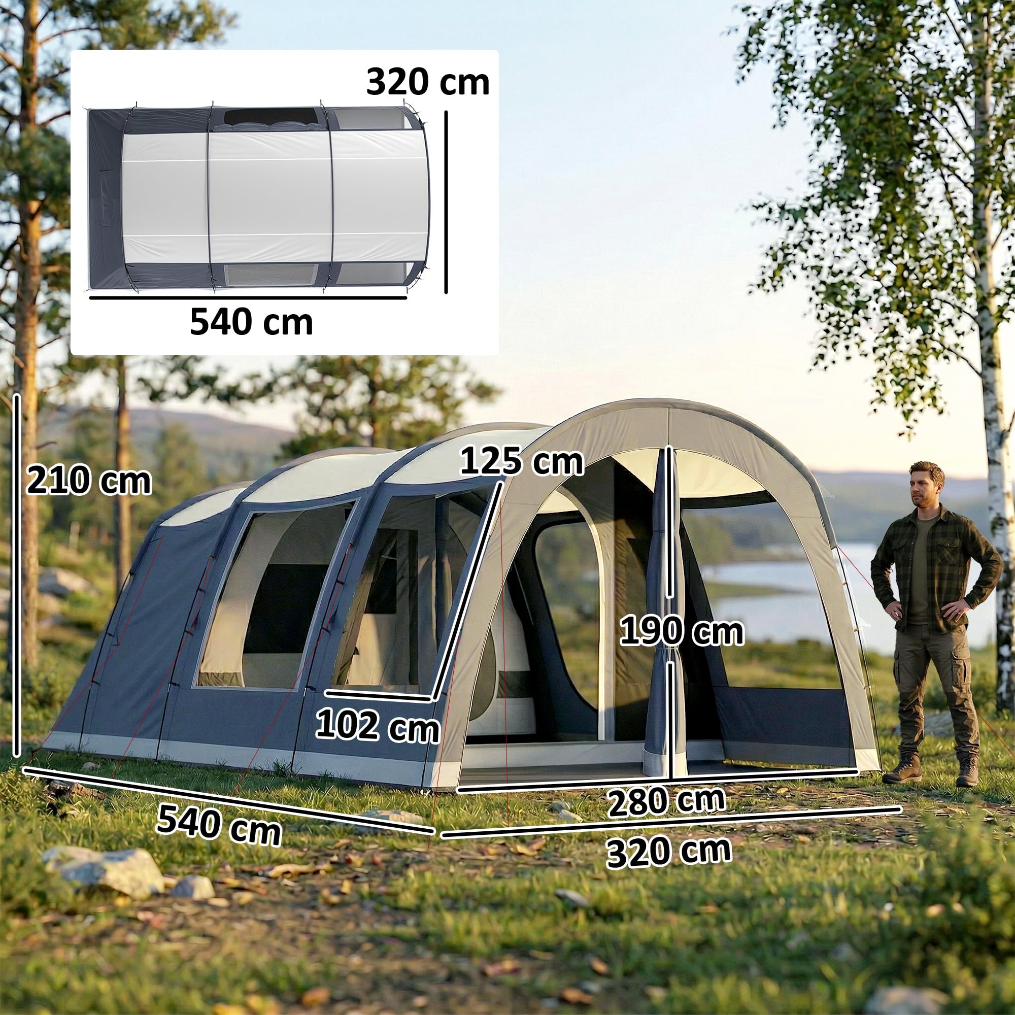 Outsunny Tenda Campeggio a Tunnel per 2-4 Persone Alta 210cm con 2 Stanze, Tenda da Campeggio Familiare Impermeabile 3000mm con 3 Porte, 6 Finestre, Gancio, Borsa Trasporto, per Trekking, Blu Navy