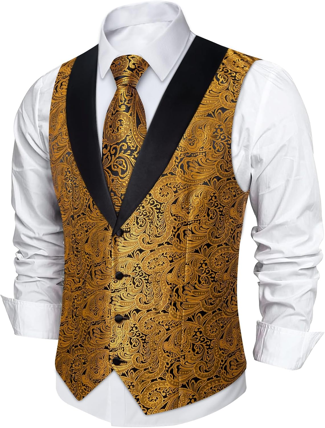 DiBanGu Mens Silk Vest and Tie Set 7PCS Paisley Suit Waistcoat and Necktie with Lapel Pin for Wedding Shawl Collar Dress Vest - Image 3