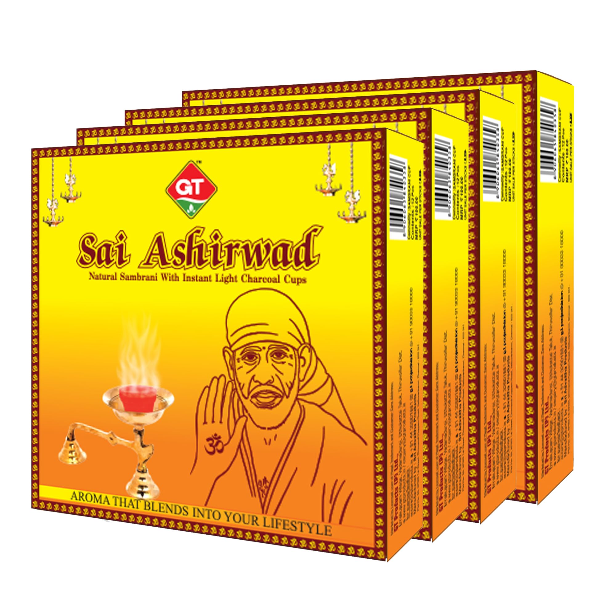 GT Sai Ashirwad Sambrani Dhoop Cups | Natural Havan Cups for Pooja, Meditation, Yoga, Home & Religious Rituals | Pure Herbal Aroma with Long-Lasting Fragrance | Pack of 4 (12 Cups Each + Burner Plate)