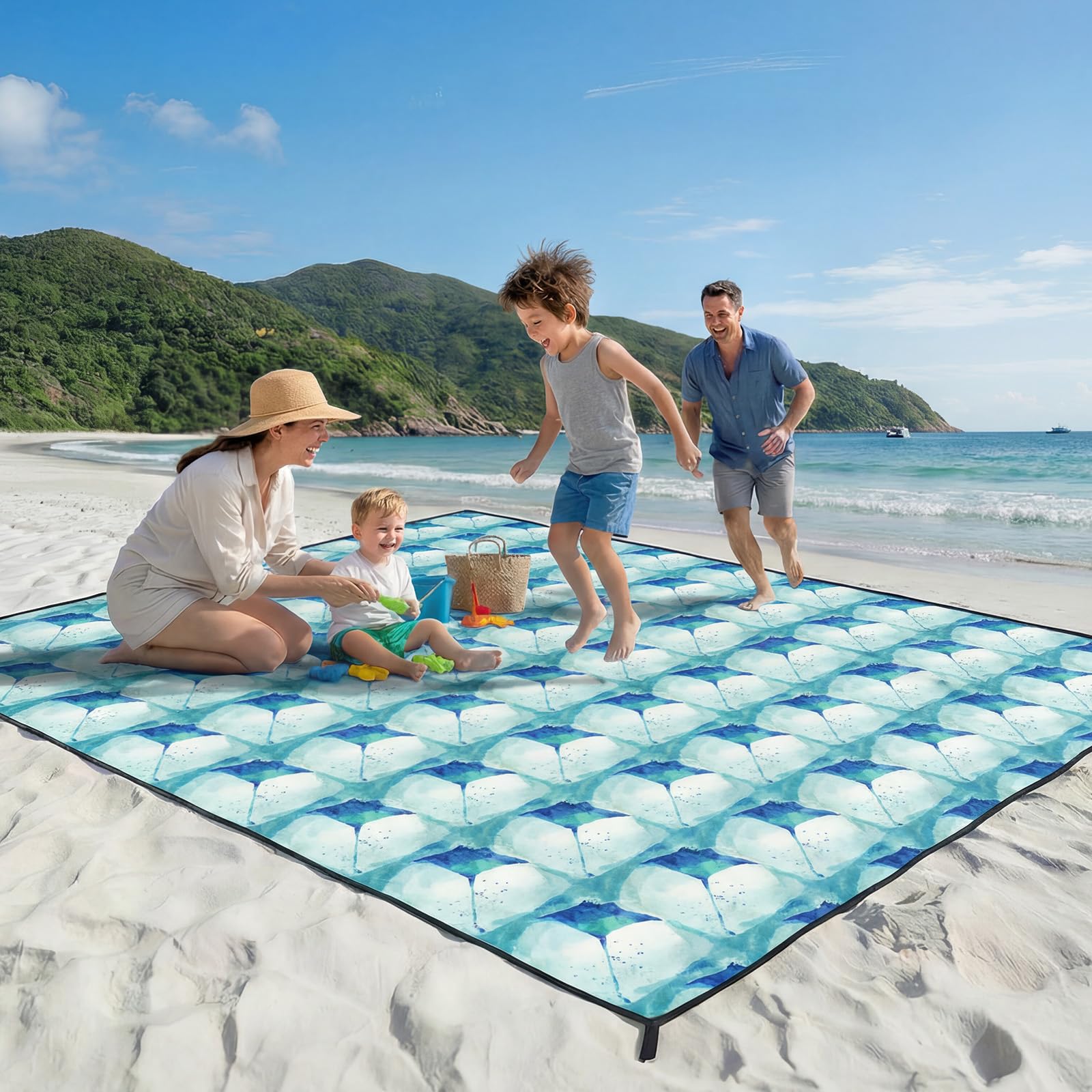 Beach Blanket Sandproof Waterproof, 213 x 244 cm Large Beach Mat with Stakes & Travel Bag, Lightweight,Quick-Dry