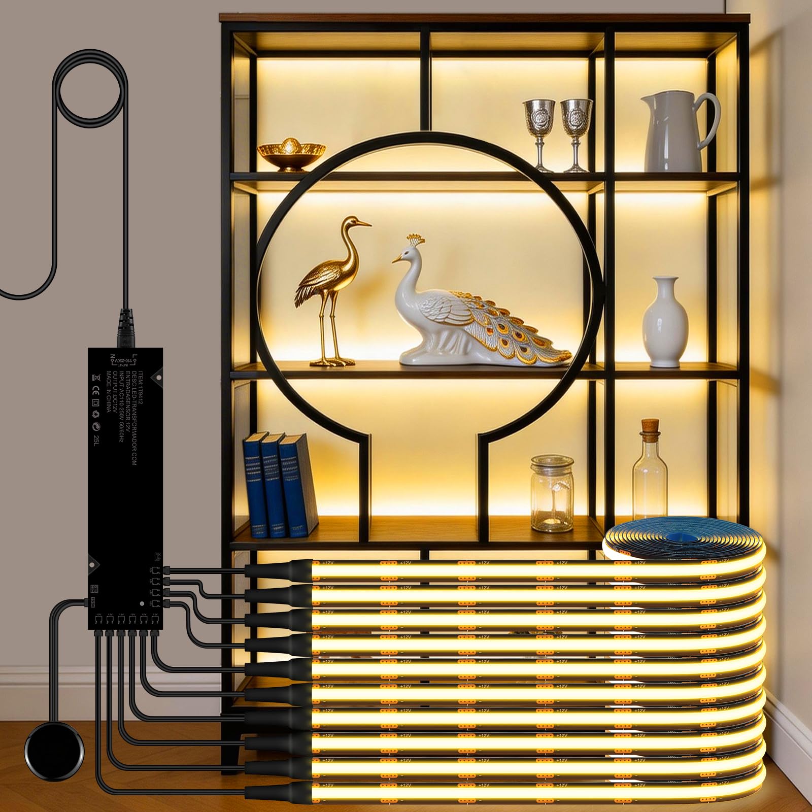 tlinkosta Black Cabinet Light 10-in-1 LED Strip with Touch Dimming, Designed for Acoustic Panels, Display Cabinets, Wine Racks & Soundproof Walls (10, Warm Light 3000k, 6.6ft（2m)