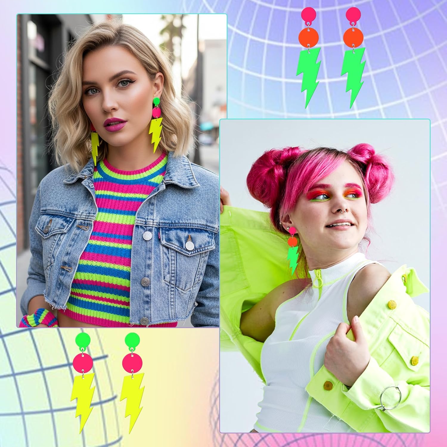 Neon Earrings for Women, 2 Pairs Acrylic Lightning Bolt Earrings, Retro Drop Dangle for 80s Theme Parties & Glow Nights (Yellow & Green) - Image 5