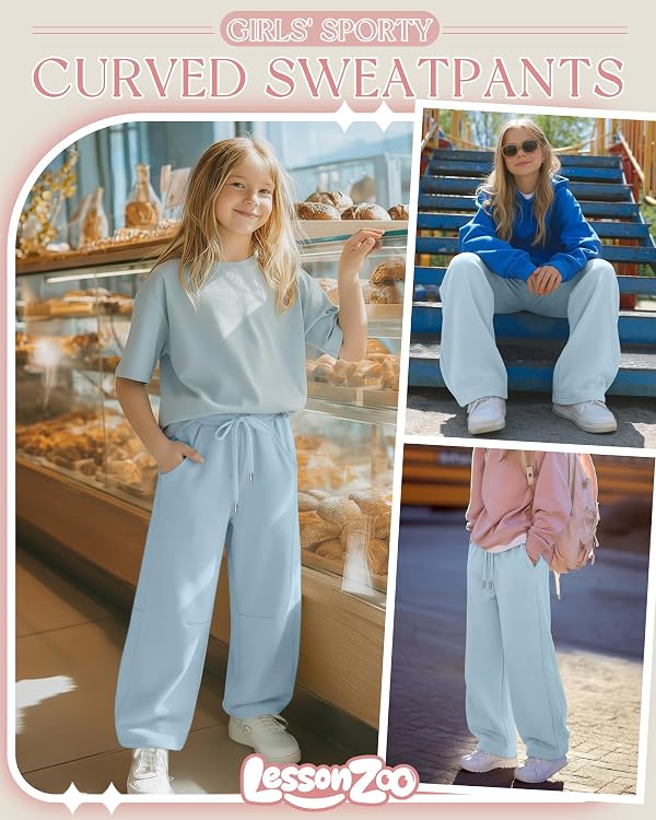 LessonZoo Girls Sweatpants 5-16y Baggy Barrel Pants Teen Wide Leg Open Bottom Casual Drawstring Soft Sweat Pants with Pockets(7-8 Years,Light Blue) by LessonZoo - Image 4