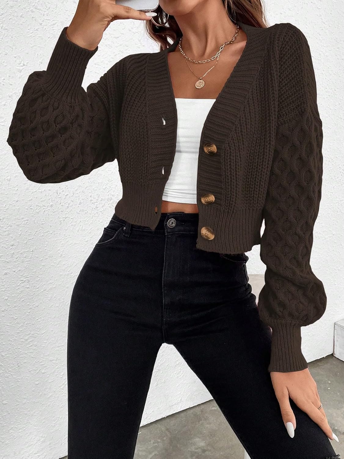 ZAFUL Women Sweaters Cardigan Chunky Ribbed Knit Open Front Long Sleeve Button Loose Short Cardigan Outerwear Coats - Image 5