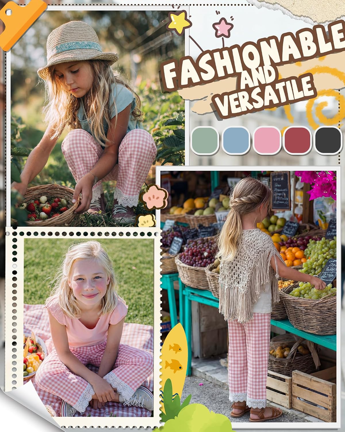 Halfchet Girls' Gingham Pants Plaid Wide Leg Cotton Blend Trousers with Lace Trim Hem for Summer Cute Casual Outfits 5-14 Y